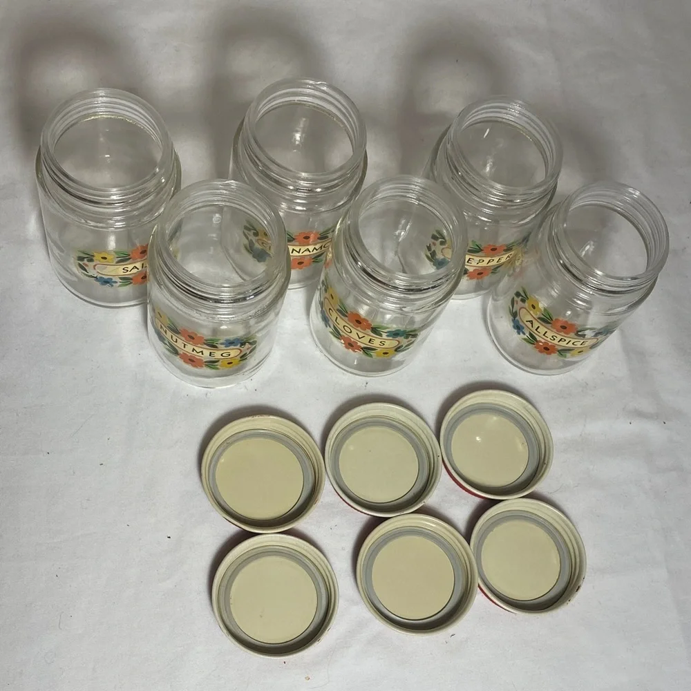Vintage Set of 6 Glass Spice Jars with Red Metal Lids